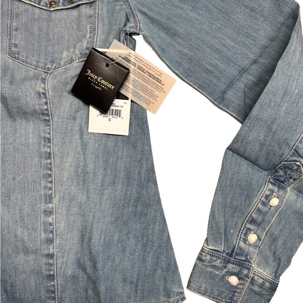 Juicy Couture Studded Collar Denim Jean Shirt Pockets Flap Long Sleeve Small - Picture 4 of 10